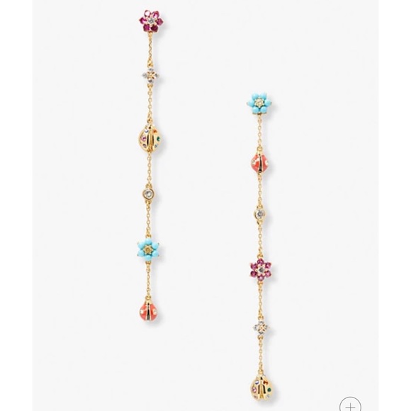 New Kate Spade Gold Nature Walk Ladybug Linear Flower Drop Linear Earrings